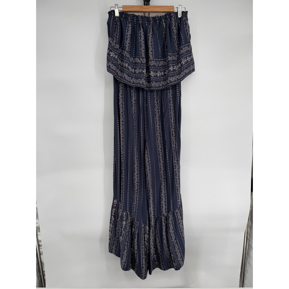 Japna Womens‎ Navy Blue Strapless Smocked Wide Leg Ruffle Jumpsuit Boho Sz L